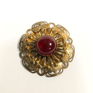 Vintage Bronze Tone Deep Red Ruby Flower Shape Beaded Brooch Elegant Pin